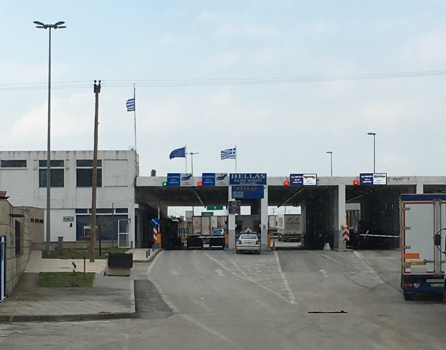 View of border buildings at the Türkiye-Greece crossing, taken from the Turkish side.