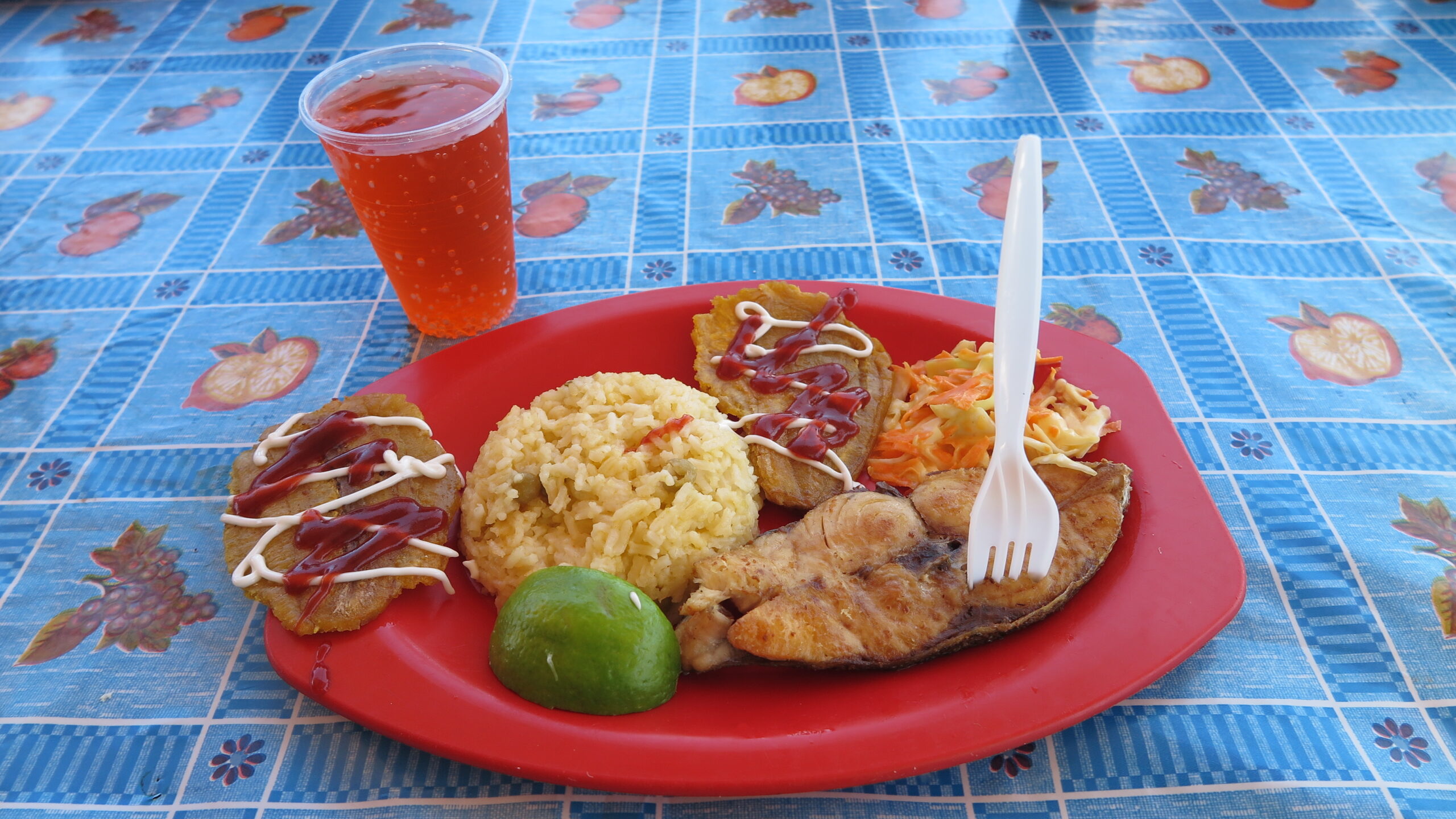 A red plate with grilled fish, salad, rice, potatoes, and lime slices, with a red drink in a plastic cup behind it. Photo taken on La Tortuga Island, Venezuela.