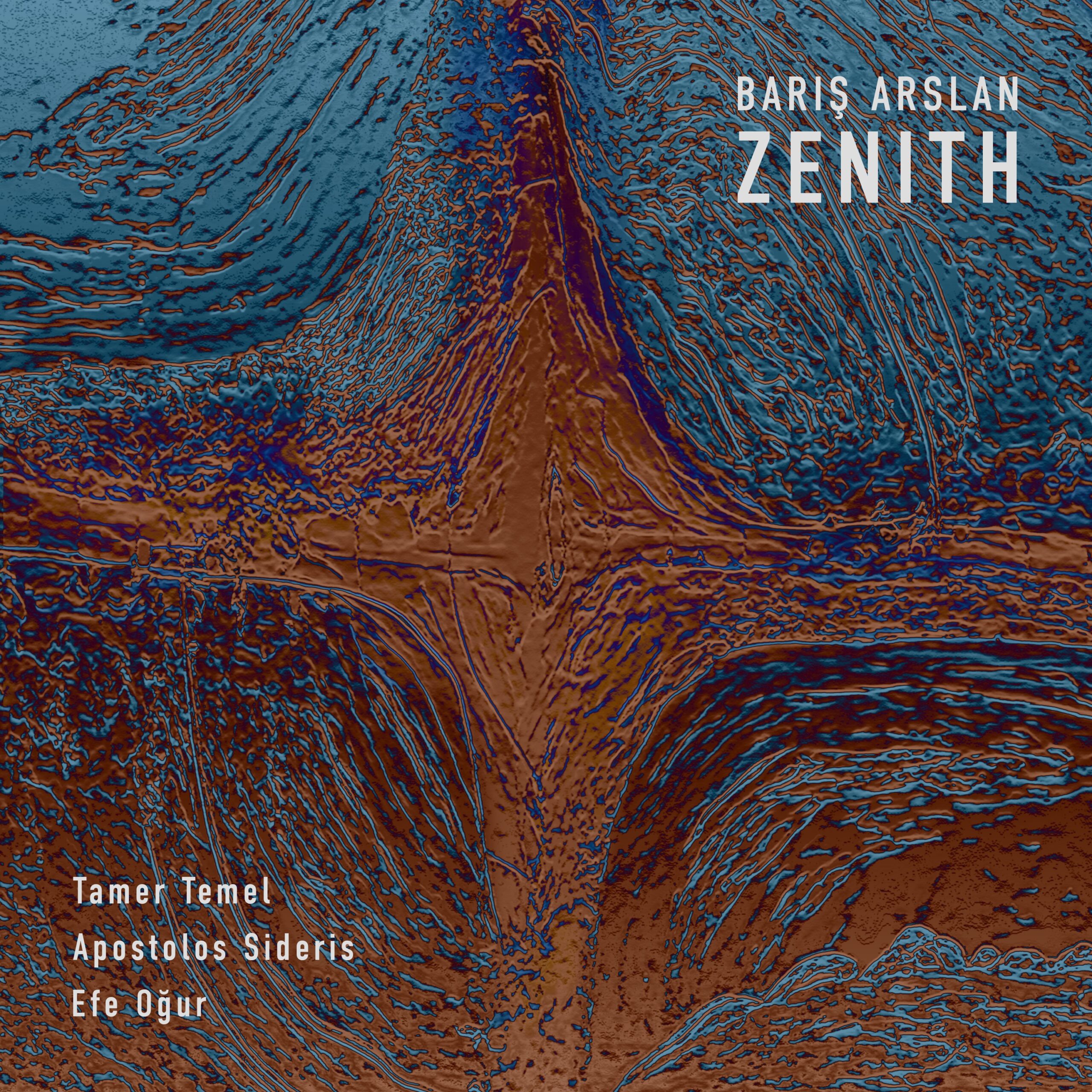 Abstract, textured artwork in deep earthy tones with teal and copper highlights. The album title "ZENITH" and artist "Barış Arslan" appear at the top right. Featured musicians Tamer Temel, Apostolos Sideris, and Efe Oğur are listed at the bottom left.