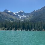 Stunning view of turquoise waters and glacier-capped mountains at Maligne Lake in Jasper National Park, Alberta, Canada.