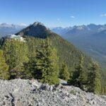 View from Sulphur Mountain in Banff, showing the Banff Gondola station on the left and a forested mountain ridge stretching into the distance under a clear blue sky.