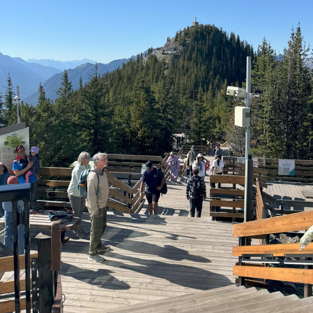 Banff Gondola Cosmic Ray Station Visitors walking along a wooden boardwalk surrounded by pine trees and mountain views, leading toward the Cosmic Ray Station on Sulphur Mountain in Banff.
