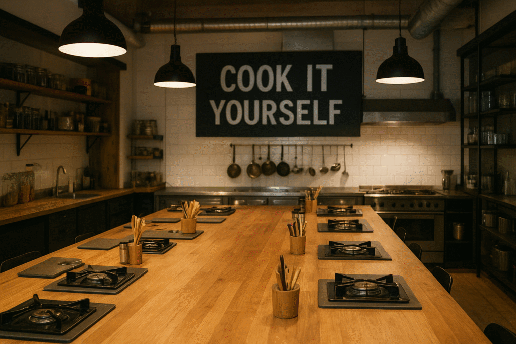 A modern cooking classroom with wooden counters, gas stoves, and utensils neatly arranged, with a large sign on the wall reading “COOK IT YOURSELF".