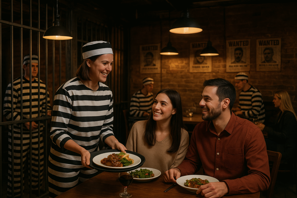 A waiter dressed as a prisoner serves food to a smiling couple in a prison-themed restaurant.