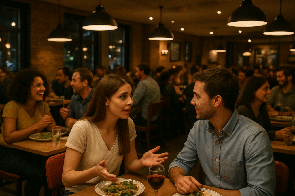 A young couple talking while having dinner in a busy restaurant filled with other diners.