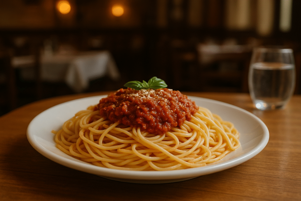 A plate of spaghetti topped with tomato sauce and garnished with a basil leaf, served on a wooden table in a softly lit restaurant.