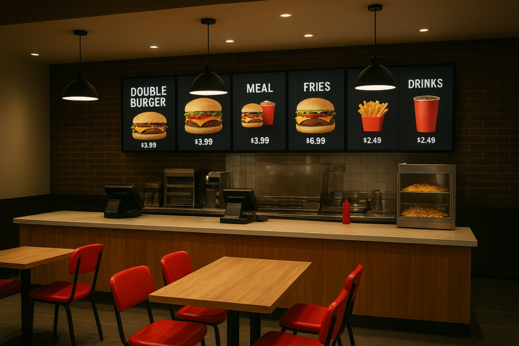 A fast food restaurant interior with menu boards displaying burgers, fries, and drinks above the counter, with red chairs and wooden tables in front.