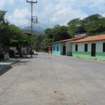 Venezuela'daki Chuao köyünde, parlak bir gökyüzü ve uzaktaki dağ manzarası eşliğinde, sessiz bir taş yolun kenarında sıralanmış renkli kolonyal tarzı evler.