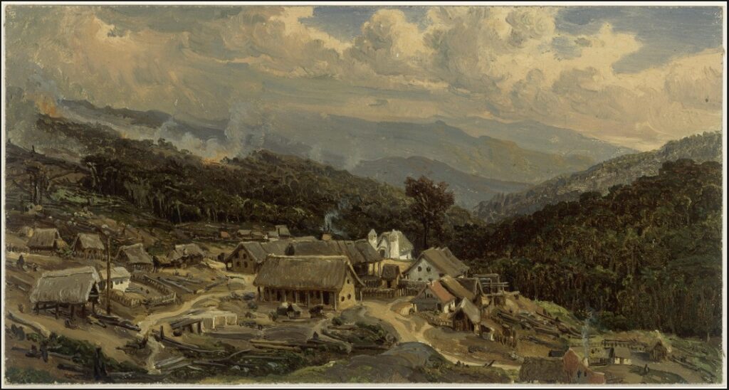 Ferdinand Bellermann - Blick auf die Kolonie Tovar A 19th-century landscape painting showing a small settlement with thatched and wooden buildings nestled among dense green hills. Smoke rises from scattered fires in the distant forest, and mountains fade into the hazy horizon under a cloudy sky.
