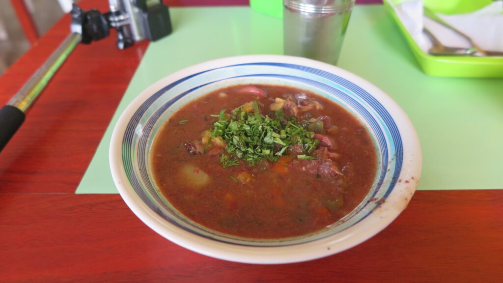 Bucaramanga'daki Plaza Central pazarında sunulan, sakatatlar ve baharatlarla hazırlanan koyu renkli ve zengin içerikli geleneksel Kolombiya yahnisi Chanfana'nın yakın çekimi.