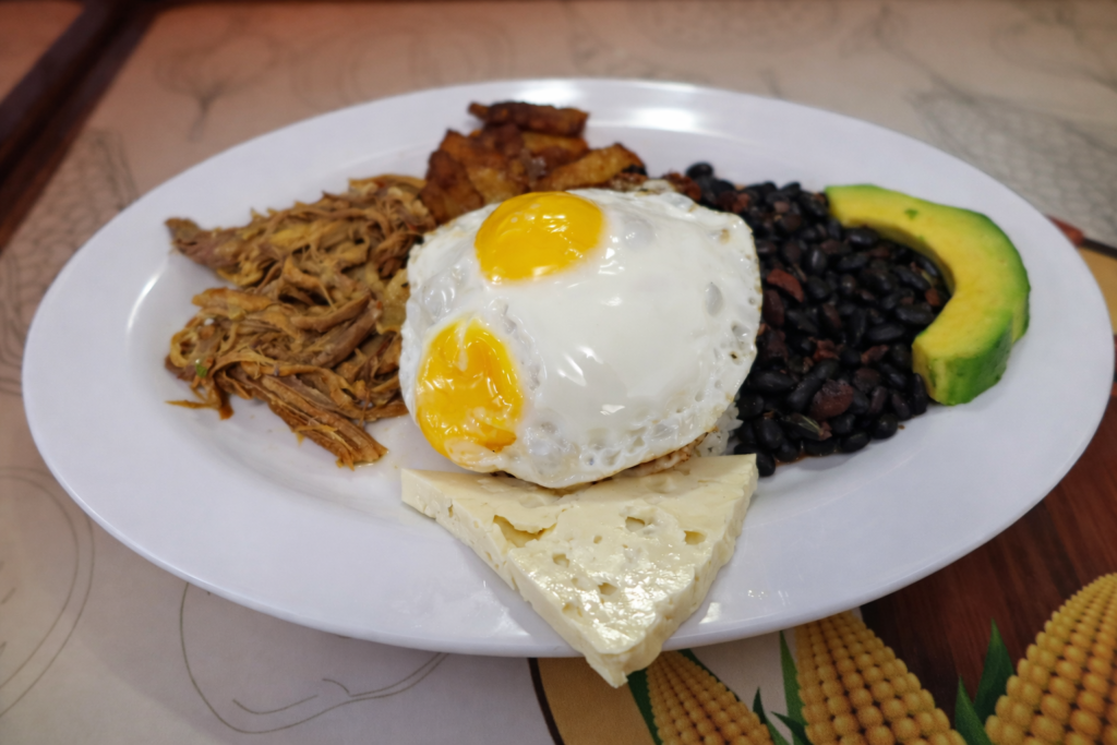 Venezuela'nın milli yemeği Pabellón Criollo; didiklenmiş et, siyah fasulye, üzerine iki adet sahanda yumurta kırılmış pirinç pilavı, bir dilim beyaz peynir ve taze avokado ile.