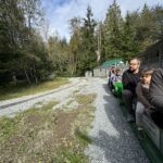 People sitting on a miniature train traveling through a forested area at Burnaby Central Railway, Vancouver, under a blue sky with white clouds.