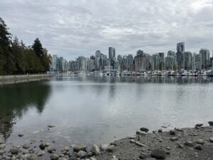 A wide panoramic view from the Stanley Park Seawall, Vancouver, looking across the calm inner harbor towards the downtown skyline. The foreground features a pebbly shore, with evergreen trees on the left and a marina full of white boats in the middle under an overcast sky.