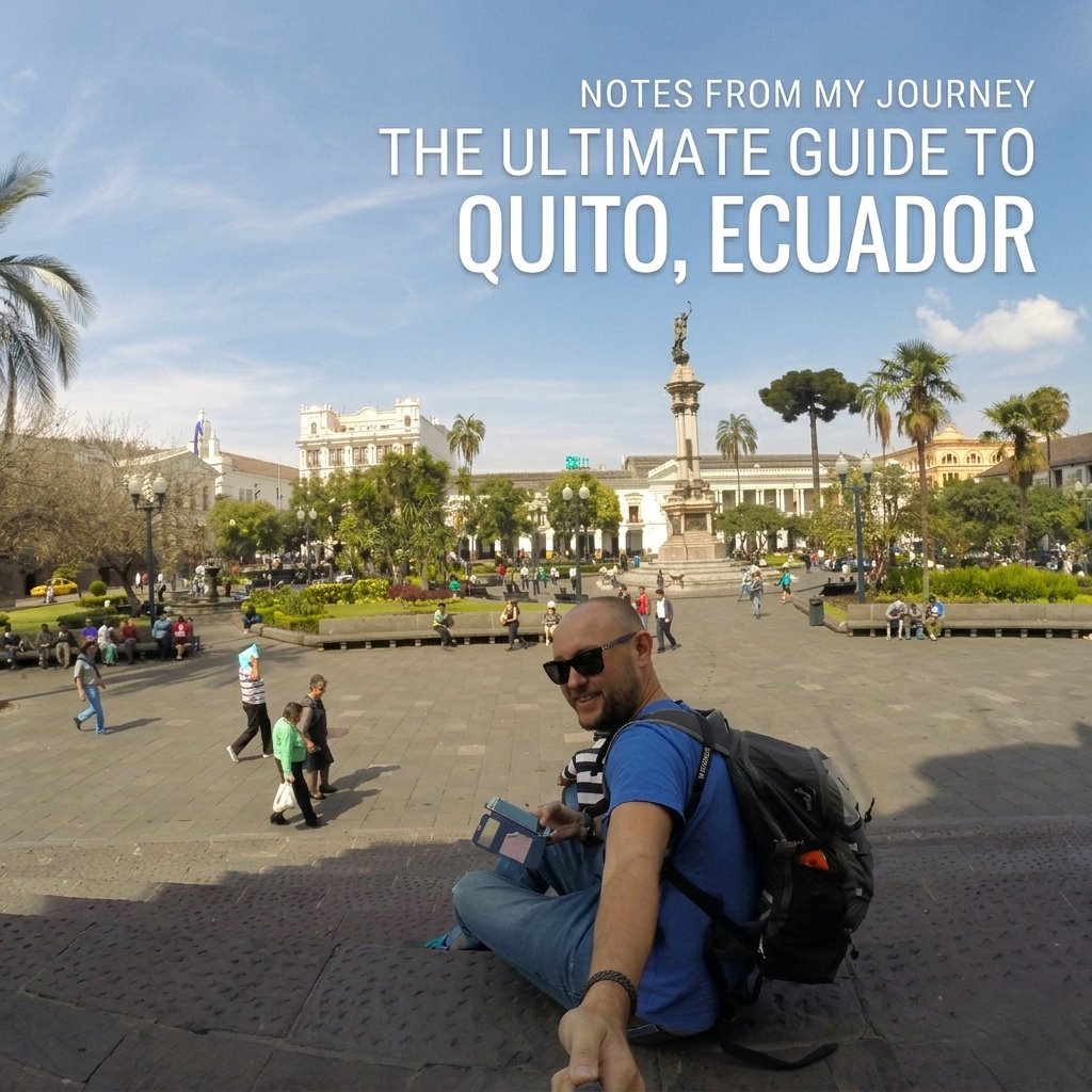 A wide-angle selfie of a traveler with a backpack sitting on the steps overlooking the historic Plaza Grande (Independence Square) in Quito, Ecuador, featuring the Independence Monument and colonial buildings in the background.