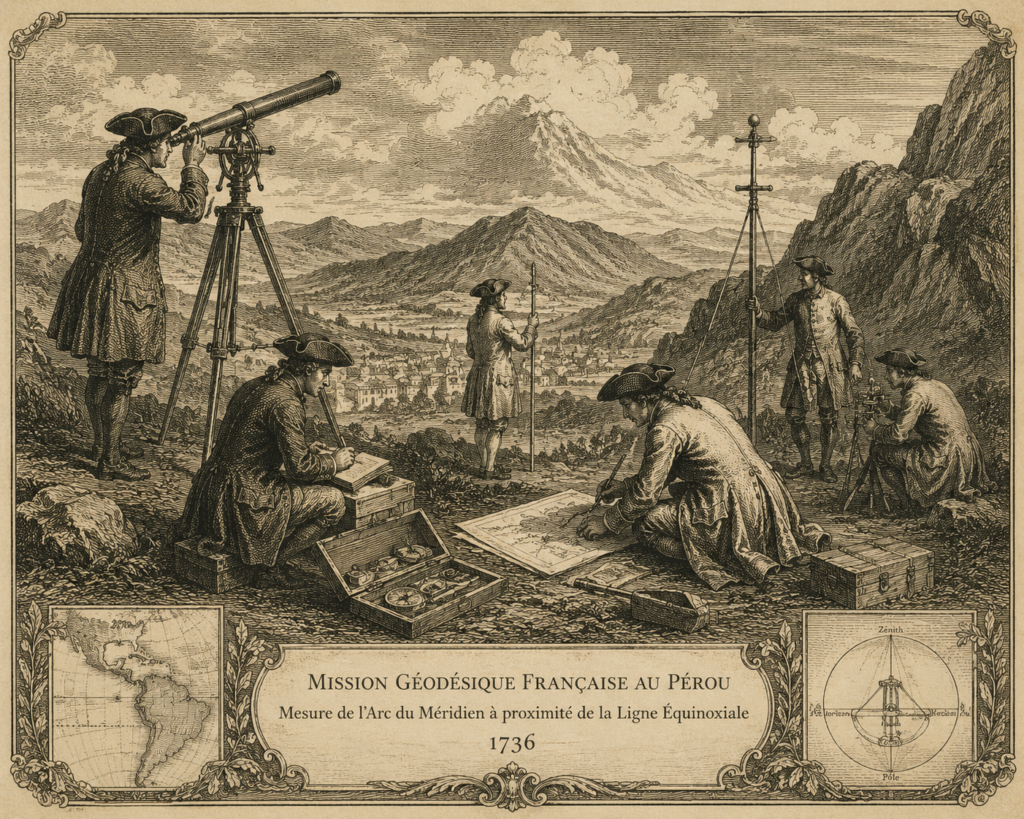 An antique-style engraving showing French scientists conducting geodetic measurements in the Andes near Quito during the 1736 French Geodesic Mission.