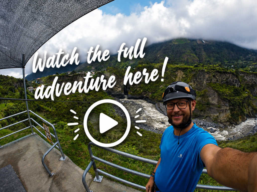 A traveler in a helmet taking a selfie before ziplining over a river canyon in Baños, Ecuador, with a video play overlay.