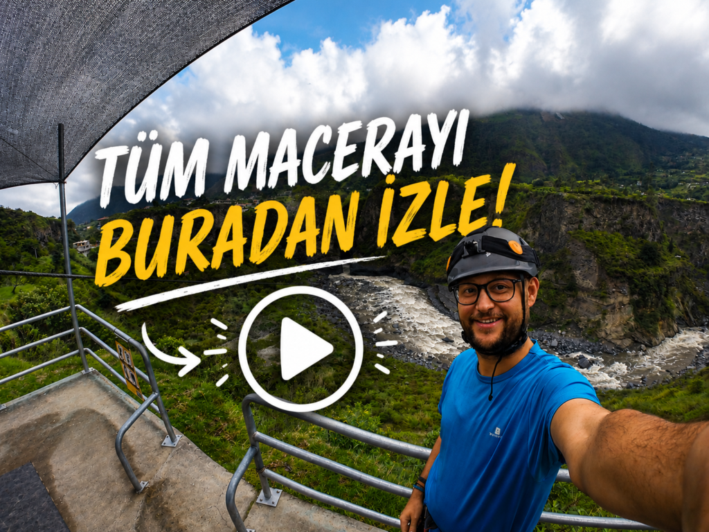 Kasklı bir gezgin, Ekvador'un Baños kentinde nehir kanyonu üzerinde zipline yapmadan önce selfie çekiyor. Görselin üzerinde bir video oynatma simgesi bulunuyor.