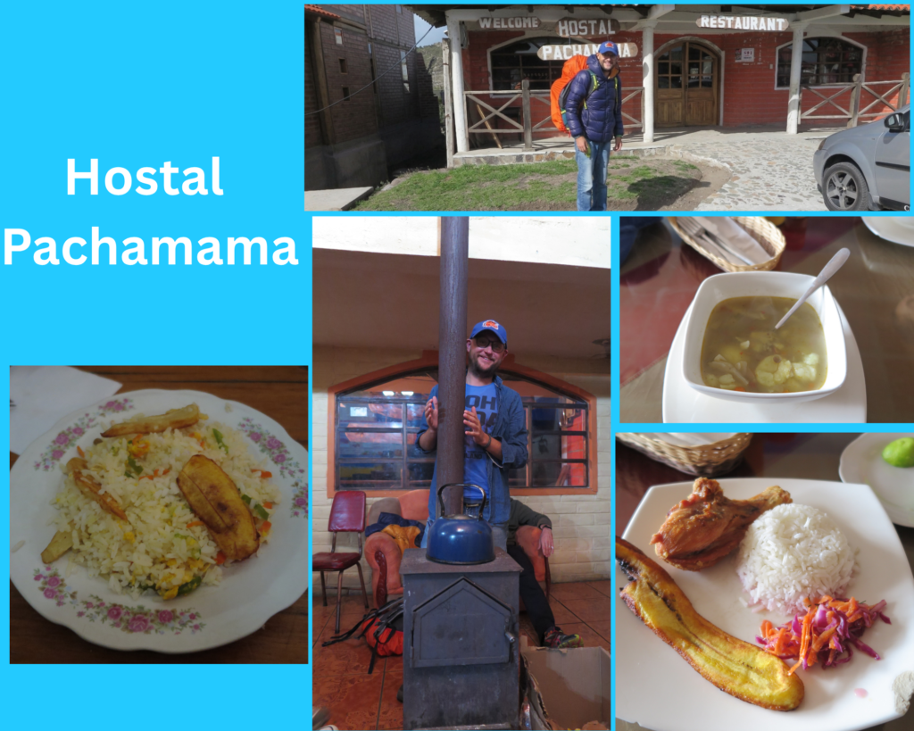 Ecuador Laguna de Quilotoa Hostal Pachamama A five-panel photo collage titled "Hostal Pachamama." It features images of a male traveler with a blue hat and orange backpack standing in front of the rustic hostel entrance; a close-up of a rustic wood stove with a blue kettle; a large plate of vegetable and rice mix; and two plates of prepared meals—one a bowl of soup, and another with fried chicken, rice, fried plantains, and cabbage salad.