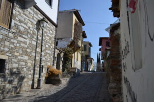 A narrow cobblestone street in Ano Poli (Upper Town), Thessaloniki, lined with historic houses and a vintage street lamp.