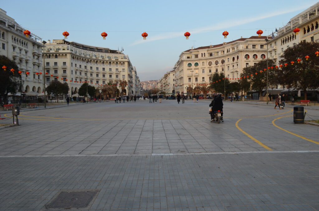 Aristotelous Square in Thessaloniki at dusk, decorated with red Chinese lanterns