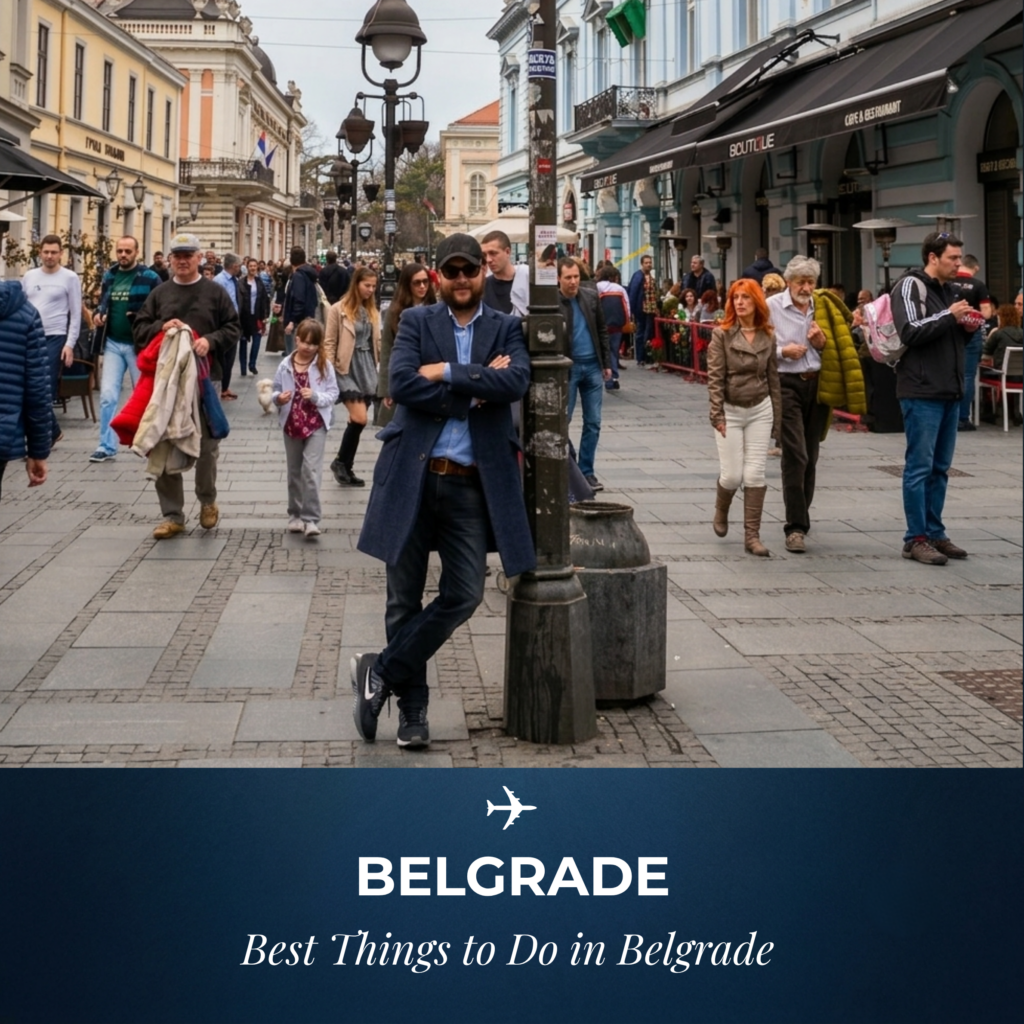 Things to do in Belgrade - A busy pedestrian street in Belgrade, Serbia, with people walking among historic buildings, cafés, and street lamps.
