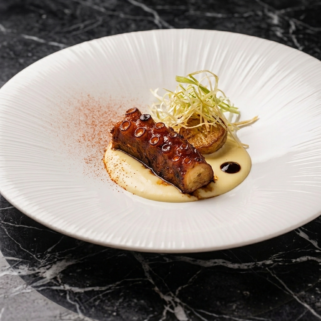 OD Urla - A plated wood-fired octopus tentacle on creamy puree with leek garnish, served on a white textured plate over dark marble.