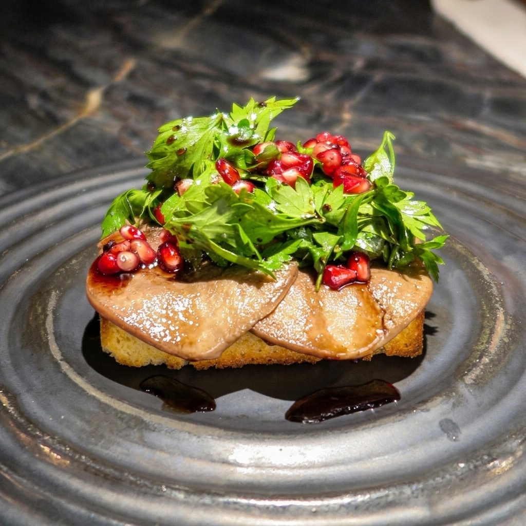 An elegant gourmet canapé from Od Urla featuring a toasted brioche base, seared slices of beef tongue, a rich glaze, fresh parsley leaves, and vibrant red pomegranate seeds, presented on a dark grey concentric-ringed plate against a dark marble background.