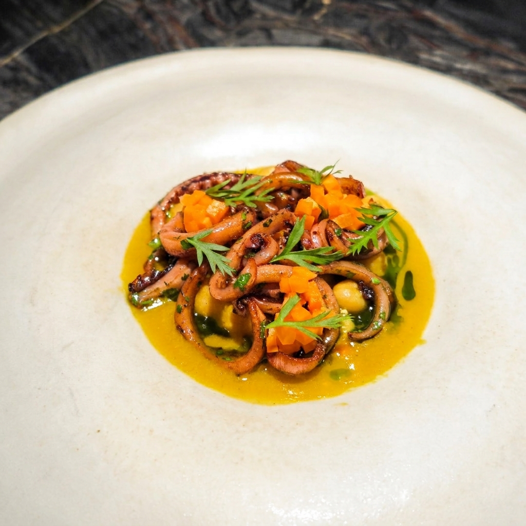 Od Urla - Wood-fired calamari tentacles served over chickpea puree in carrot juice, garnished with diced pickled carrots and fresh carrot sprouts on an off-white ceramic bowl plate.