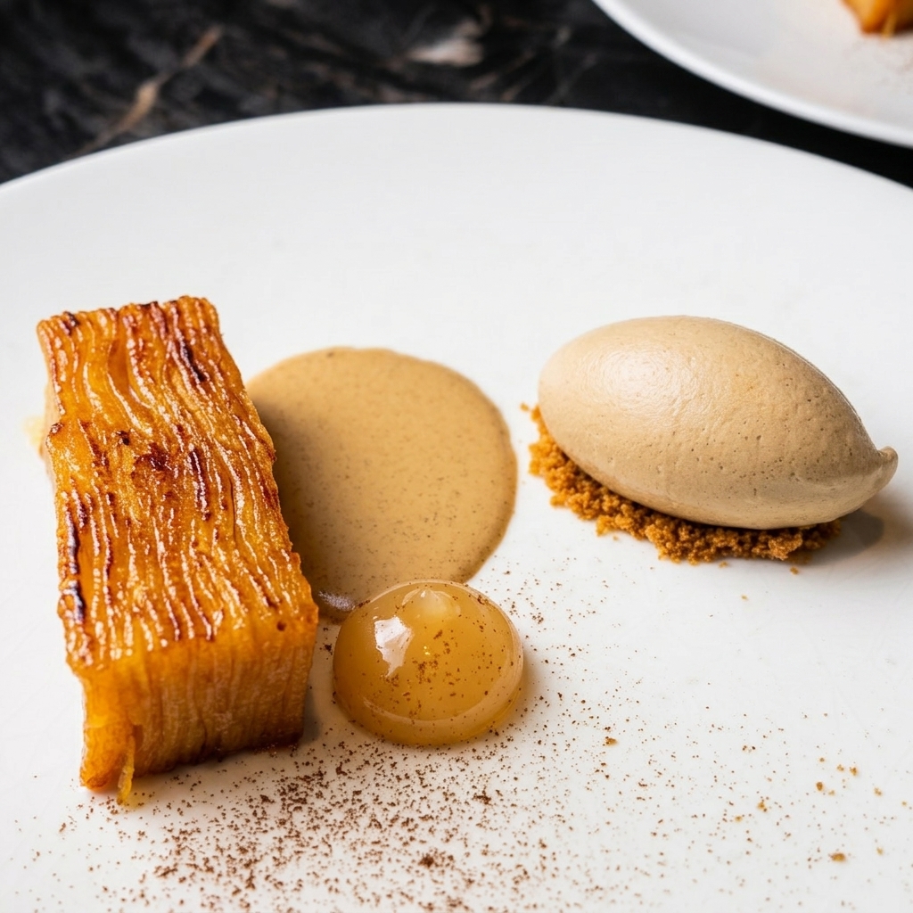 An elegant dessert plate from Od Urla featuring a layered, caramelized quince terrine, a quenelle of light brown ice cream on a crumb base, a smooth tan sauce, and a translucent gel drop, presented on a white plate dusted with spice powder.