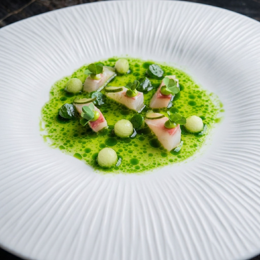 Od Urla - Raw sea bream and cucumber pearls in green herb sauce on a textured white plate over dark marble.