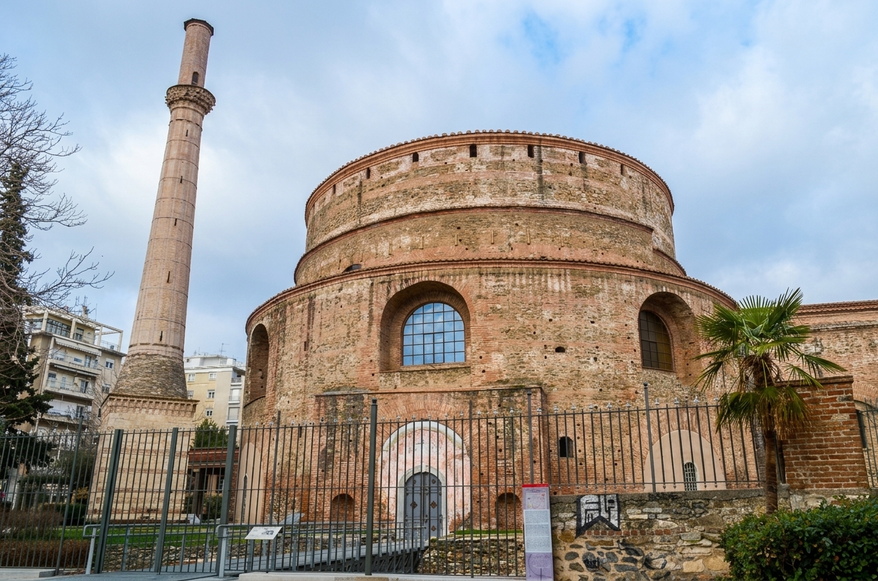Exterior of the historic Rotunda of Thessaloniki with its circular brick structure and adjacent Ottoman minaret
