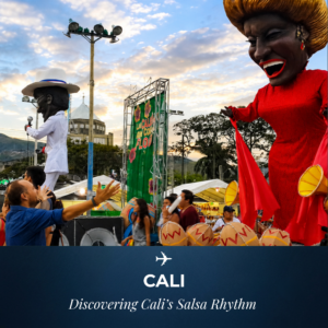 Giant parade puppets and dancers during the Salsa in Cali celebrations at Feria de Cali in Cali, Colombia.