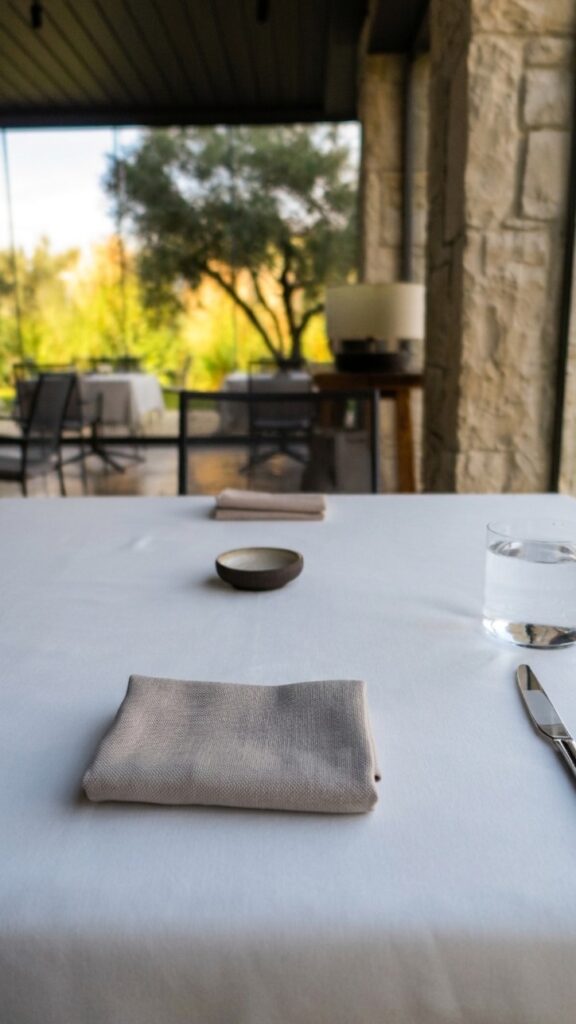 Close-up view of a neatly set fine dining table with a folded beige cloth napkin, a knife, a small ceramic dish, and a water glass, set against a blurred outdoor garden view at Teruar Urla.