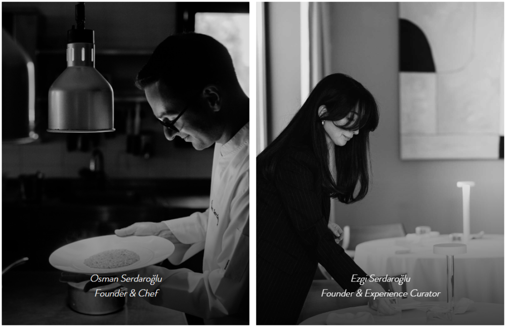 A side-by-side black and white portrait featuring Chef Osman Serdaroğlu plating a dish in the kitchen on the left, and Ezgi Serdaroğlu setting a table in the dining room on the right.