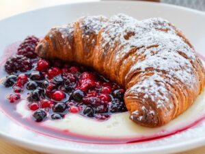 A close-up, high-angle photo of Estrella’s Bougatsan in Thessaloniki, featuring a golden-brown croissant dusted with powdered sugar, served with vanilla custard and mixed berry compote on a white plate.