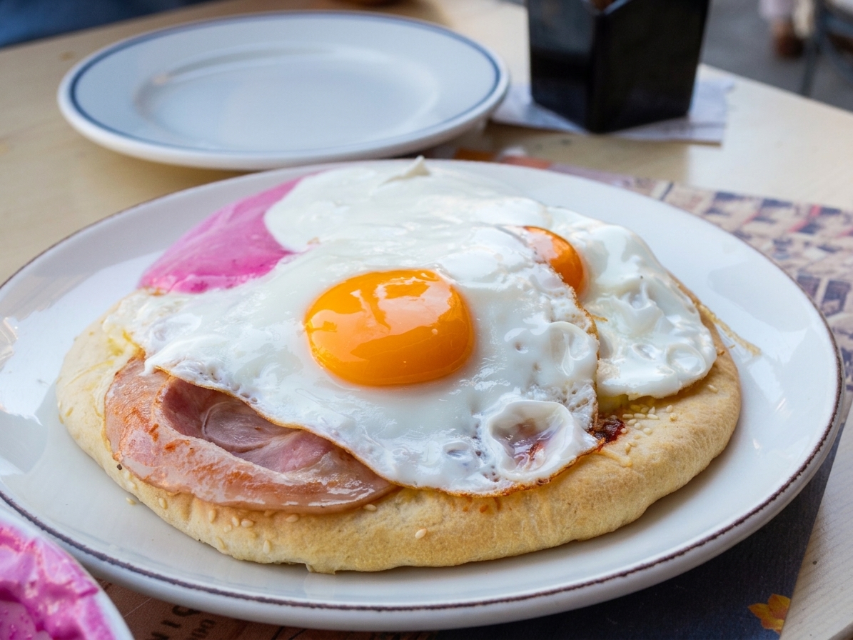 A close-up photo of Estrella’s Breakfast Pizza in Thessaloniki, served on a koulouri topped with a golden-brown slice of ham and two sunny-side-up eggs with bright, glossy yolks. A bowl of pink dip is visible on the side, and the plate sits on a wooden table.