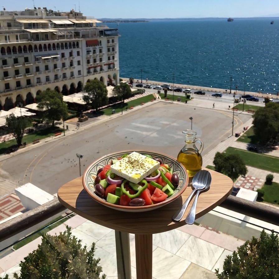 Greek salad with feta and olive oil overlooking Aristotle Square and the Thermaic Gulf from Orizontes Roof Garden in Thessaloniki.