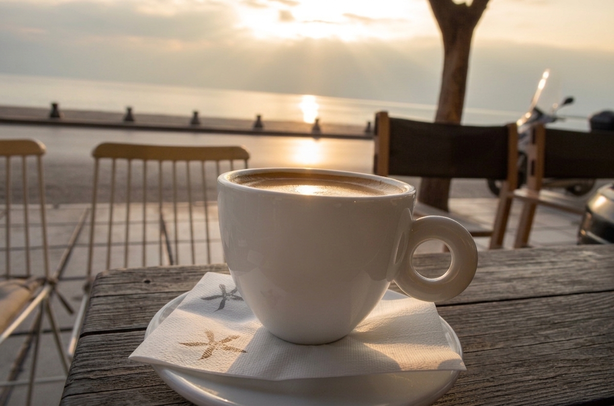 A cup of coffee on a wooden table at a seaside cafe along the Thessaloniki waterfront at sunset.
