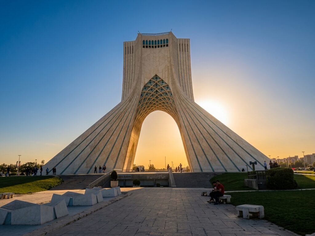 A wide-angle view of the Azadi Tower in Tehran during sunset. The sun is setting directly behind the arch, bathing the tower in golden light and creating a silhouette of the park in the foreground.
