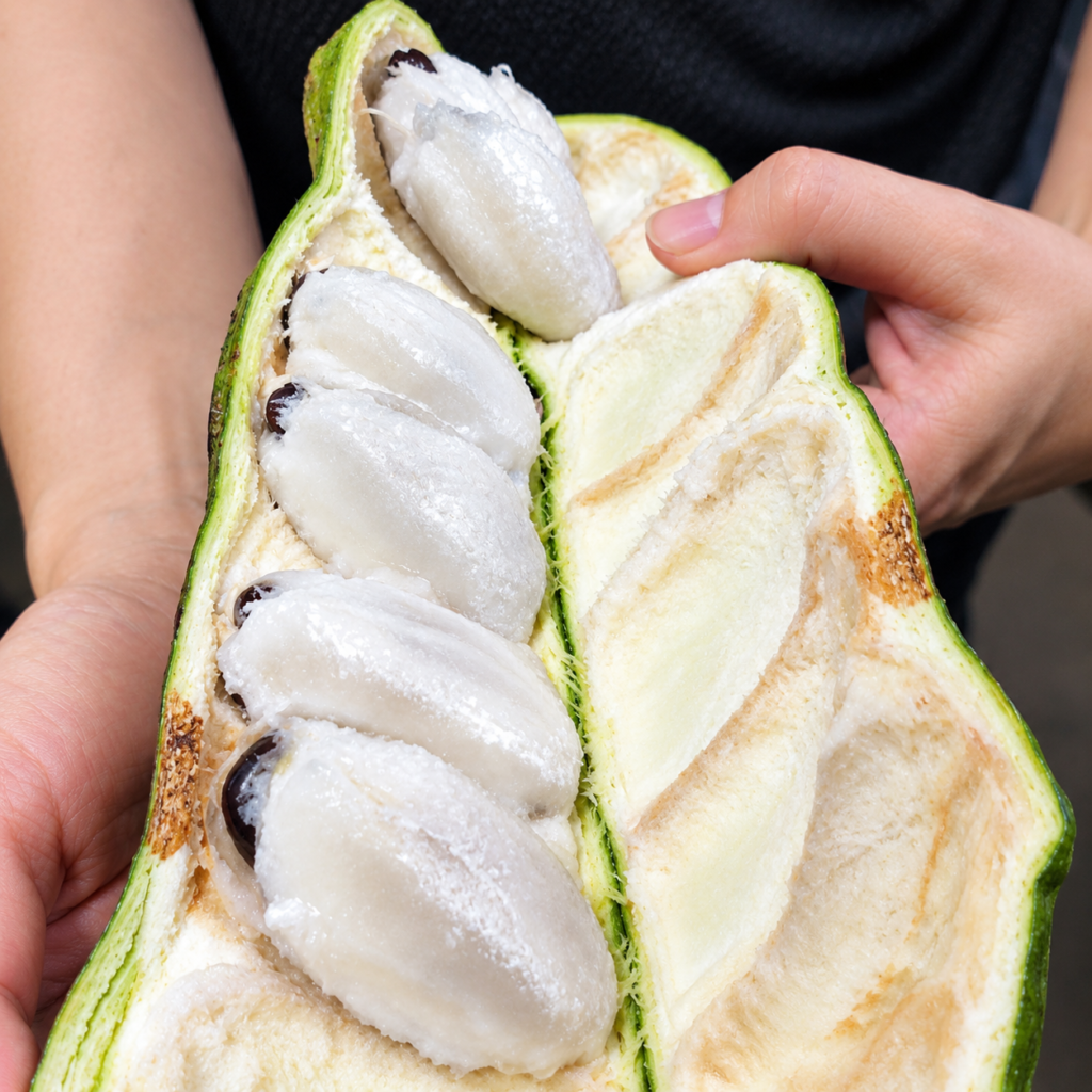 Two hands holding an opened green Colombian guama pod, revealing soft white pulp surrounding dark seeds.