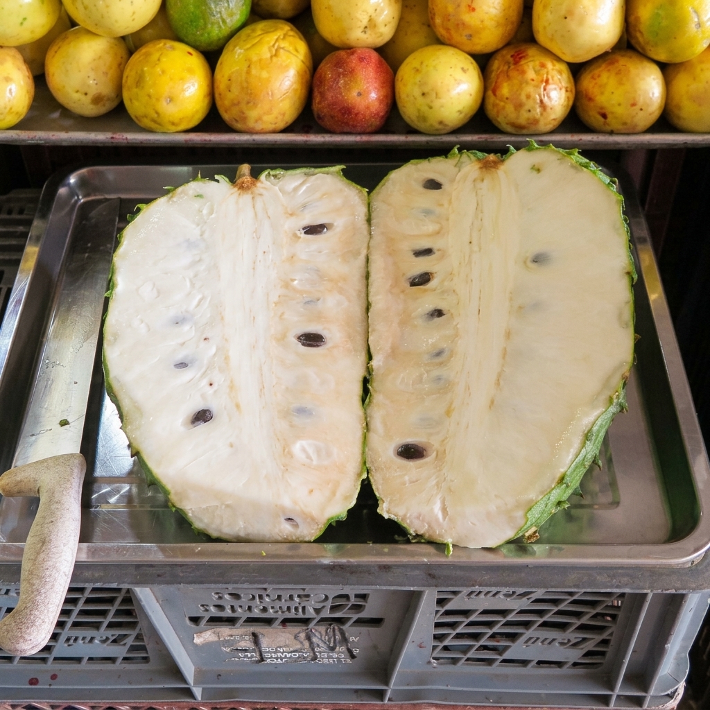 A close-up photograph of a halved Colombian soursop (guanabana) fruit on a metal tray, showing its white fibrous flesh and dark brown seeds. Yellow passion fruits are visible in the background.