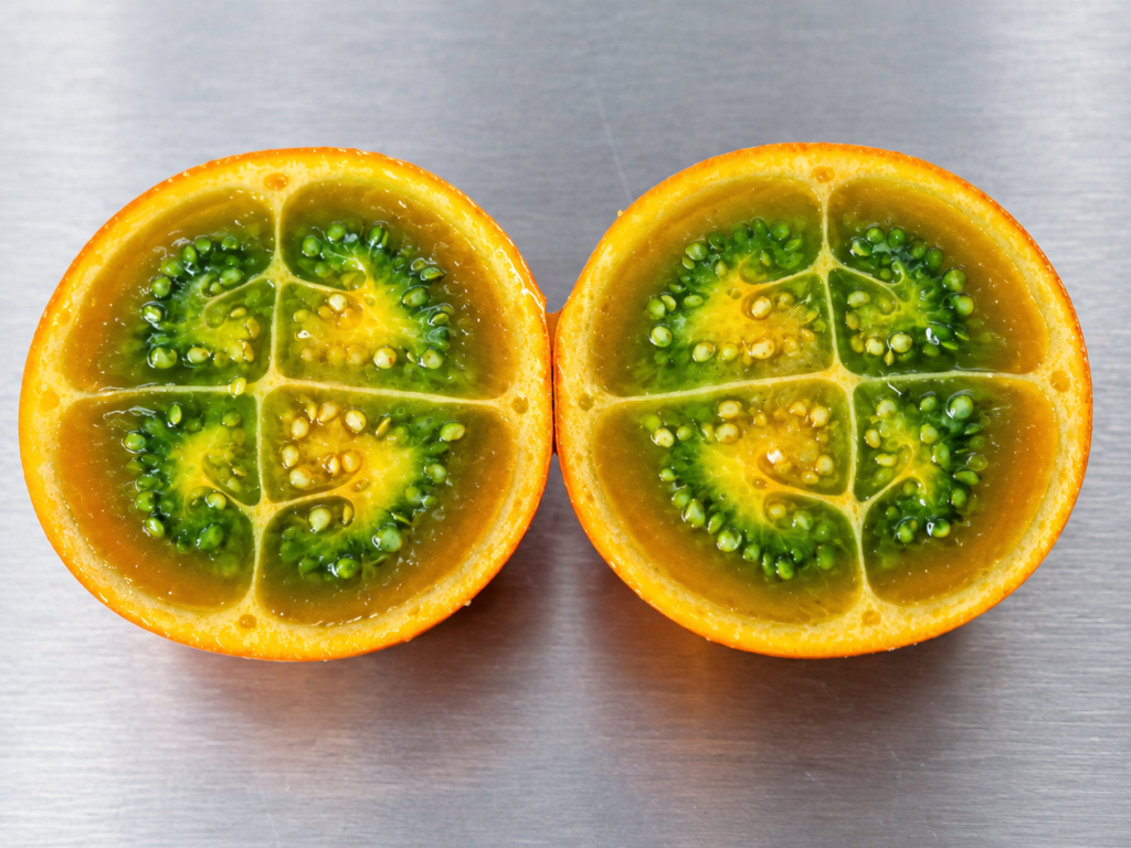 Lulo fruit cut in half showing its green pulp and seeds