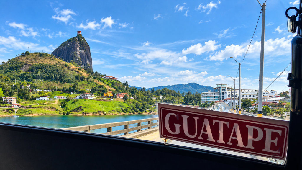 El Peñón de Guatapé Colombia 1 View of El Peñón de Guatapé in Colombia from a bus window.