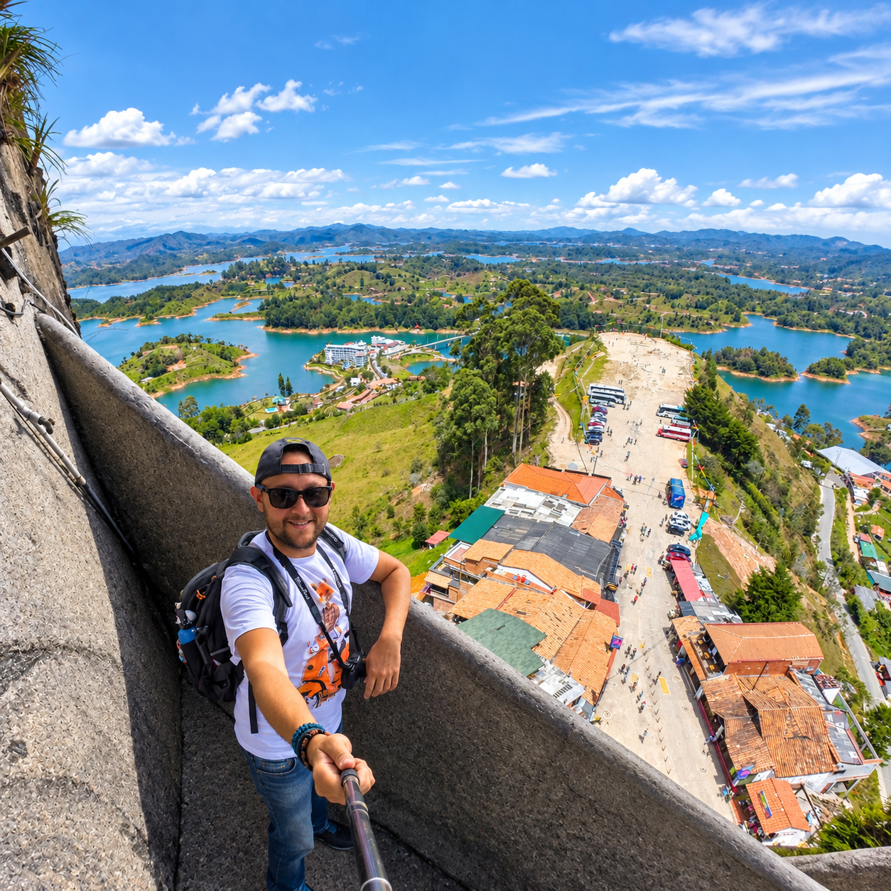 A tourist taking a selfie from El Peñón de Guatapé overlooking the reservoir and surrounding green hills in Colombia.