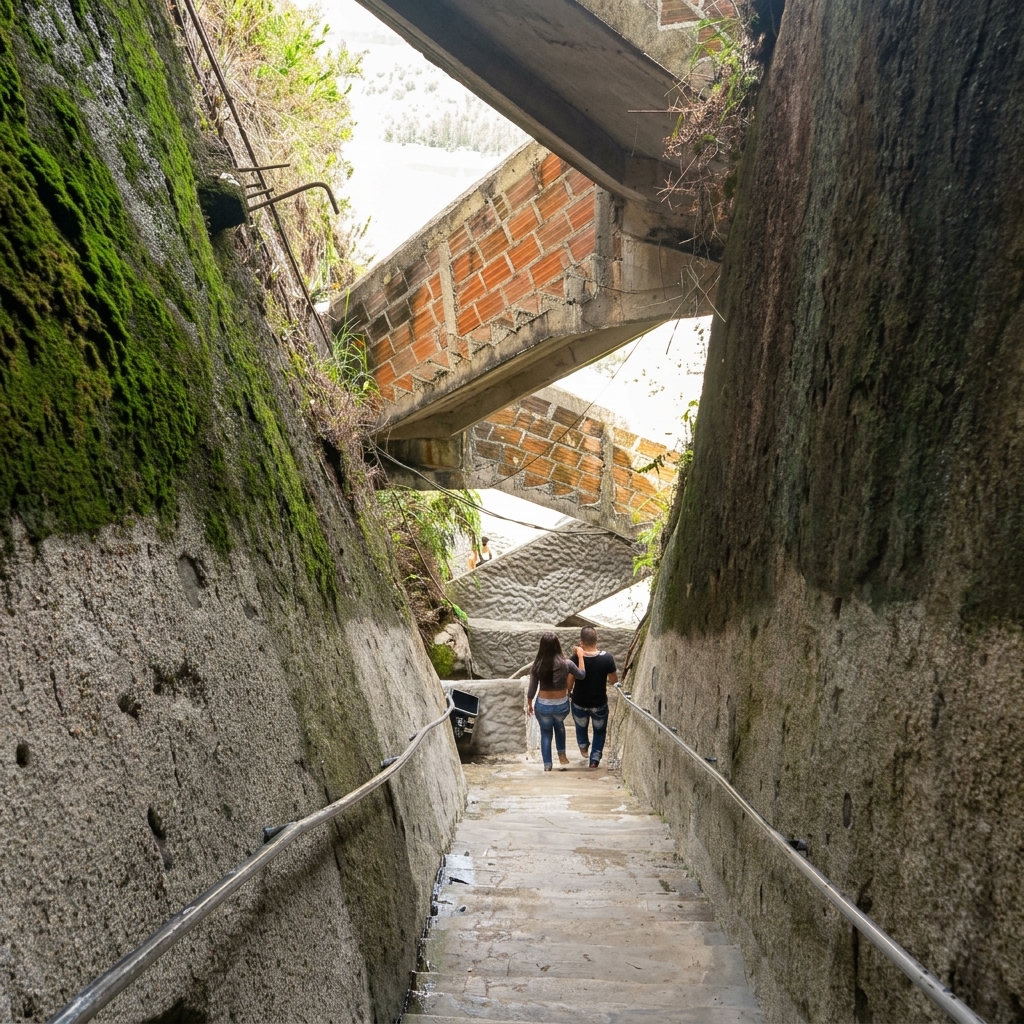 A couple walking down a narrow stone staircase inside a tight vertical fissure of El Peñón de Guatapé rock in Colombia, flanked by high mossy stone walls with crisscrossing brick and concrete staircases above.