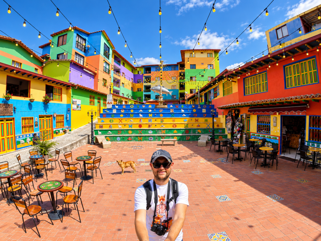 Guatapé Colombia 1 A colorful Plaza de los Zócalos in Guatapé, Colombia, with painted stairs, colorful buildings, café tables, a dog, and a man taking a selfie.