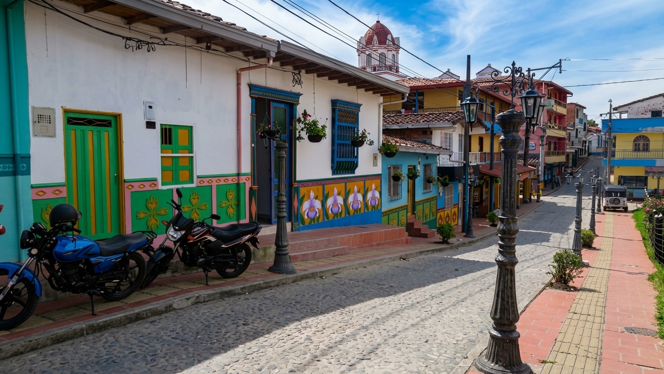 A cobblestone street in Guatapé, Colombia, lined with colorful buildings decorated with traditional zócalos.