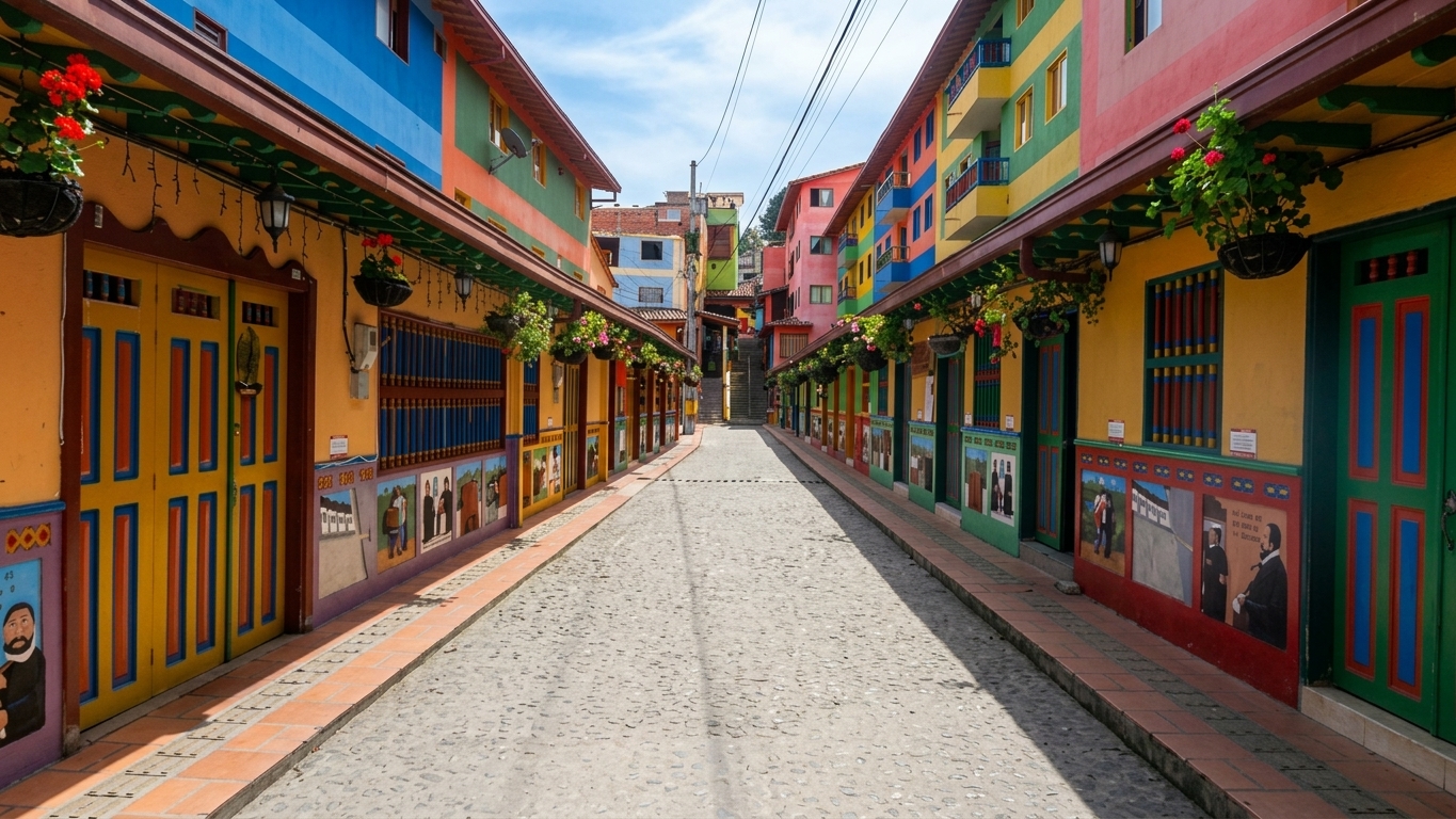 A colorful cobblestone street in Guatapé, Colombia, lined with buildings decorated with traditional zócalos.