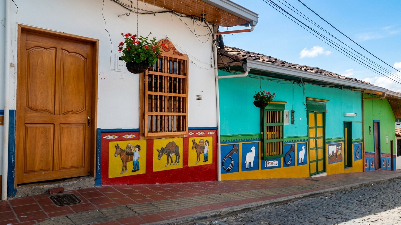 Picturesque cobblestone street in Guatapé, Colombia, lined with brightly painted white, turquoise, and green houses featuring wooden doors and traditional zócalo wall panels depicting donkeys and llama figures.