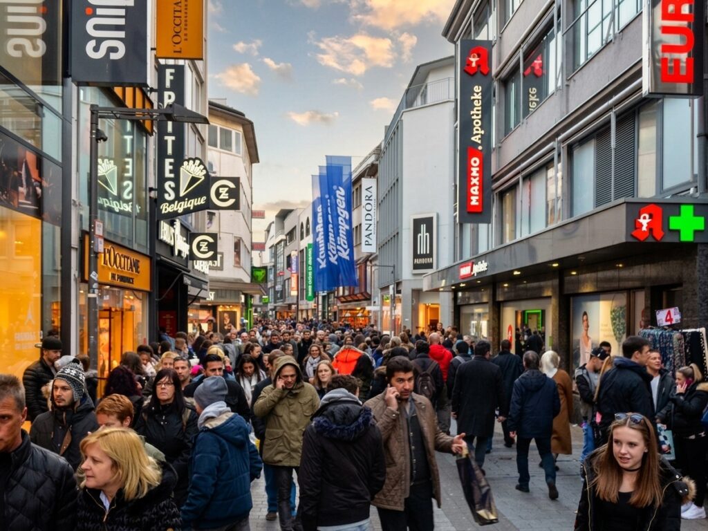 Hohe Caddesi Köln Almanya Köln'de gezilecek yerler listesinde yer alan Hohe Straße alışveriş caddesinde, mağaza tabelaları ve eczane amblemleri arasında yürüyen kalabalık yayalar.